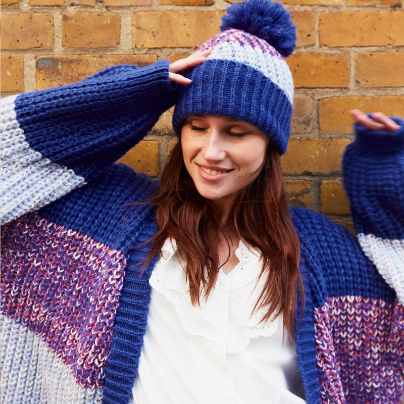 Thumbnail of Phoebe Stripe Beanie Bobble Hat - Cobalt image