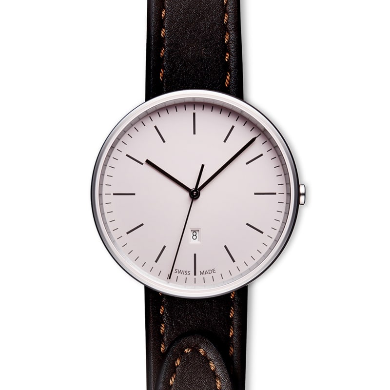 Thumbnail of Women's M38 Three-Hand Date Watch In Polished Steel With Tapered Brown Nappa Leather Strap image