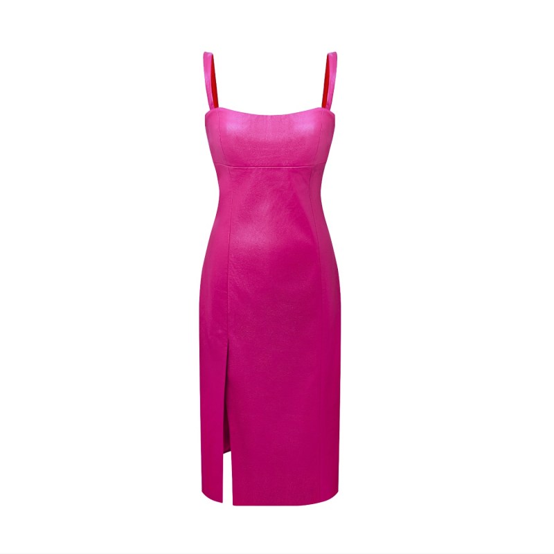 Thumbnail of Pigalle Leather Midi Dress In Fuchsia Pink image