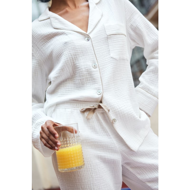 Thumbnail of Long White Bambula Pyjamas With Tan Raffia Trim image