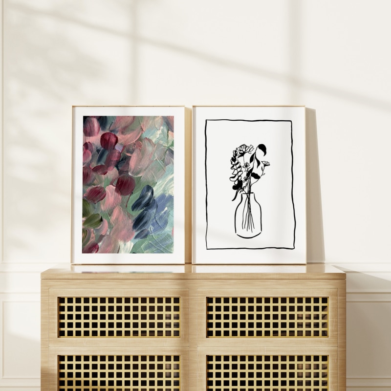 Thumbnail of Pink Blossom And Wild Flowers Still Life Drawing - Print Pair image