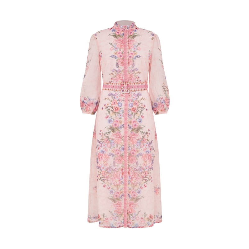 Pink Rose Floral half Length Sleeve Belted Midi Shirt Dress | Raishma ...