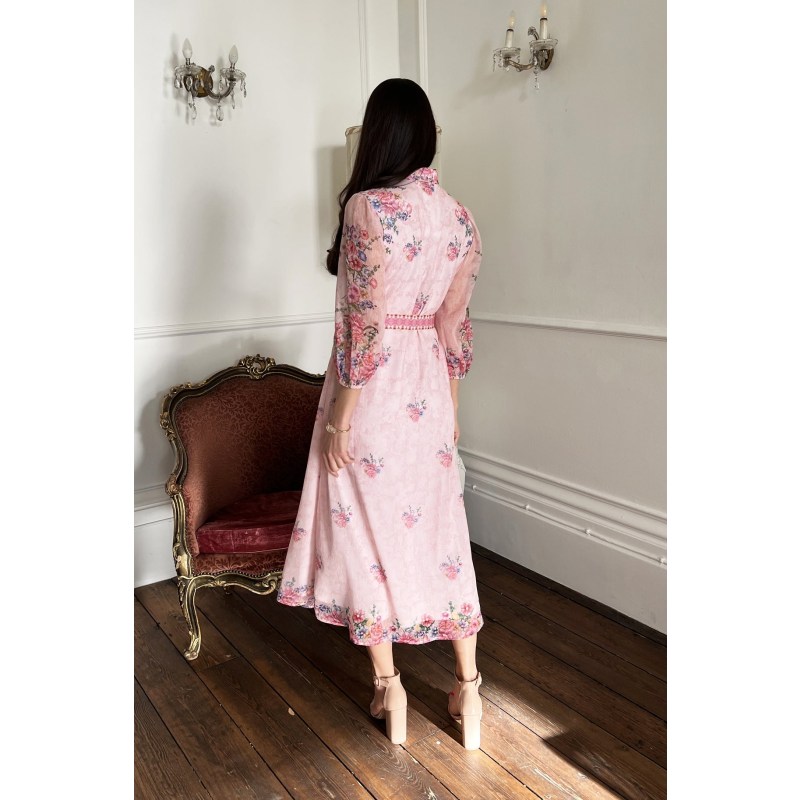 Pink Rose Floral 3/4 Length Sleeve Belted Midi Shirt Dress