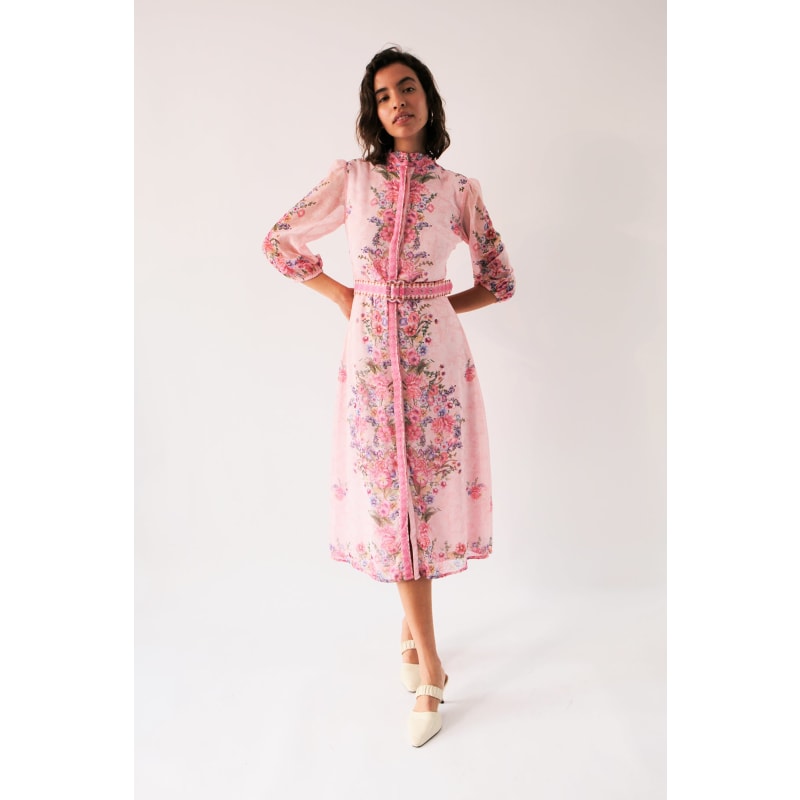 Pink Belted 3/4 Sleeve Print Dresses