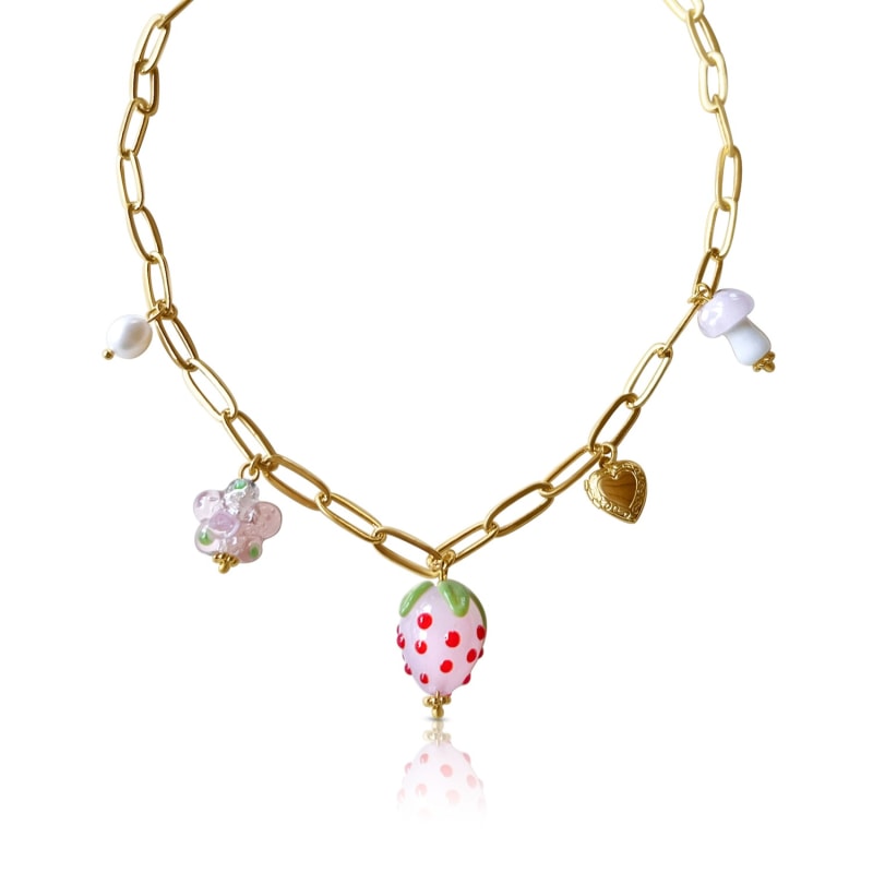 Pink Strawberry Charm Necklace With Petite Locket Gabi The Label