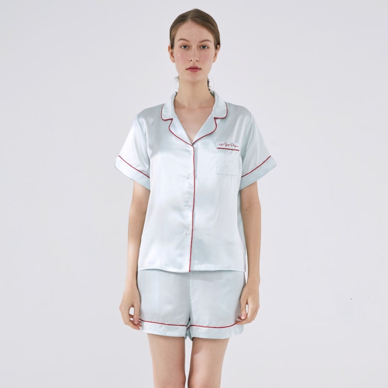 Thumbnail of Love Embroidery Silk Short Pyjamas Set - Blue image