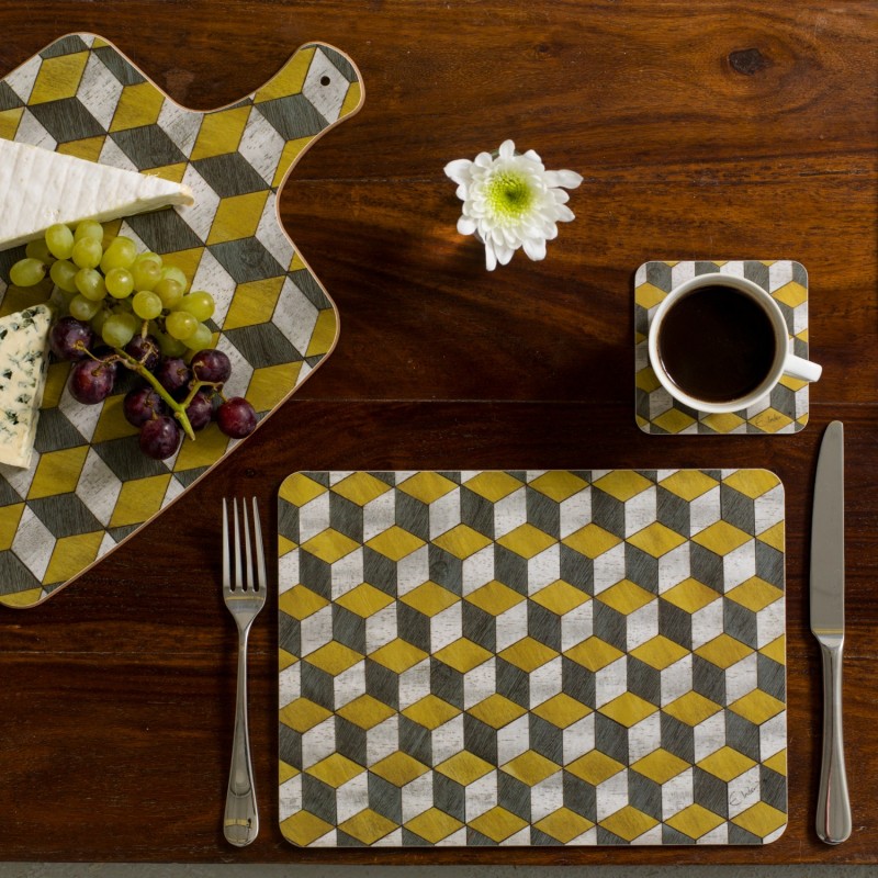 Placemats Set Of Four In Mustard Yellow And Grey Mid Century Style