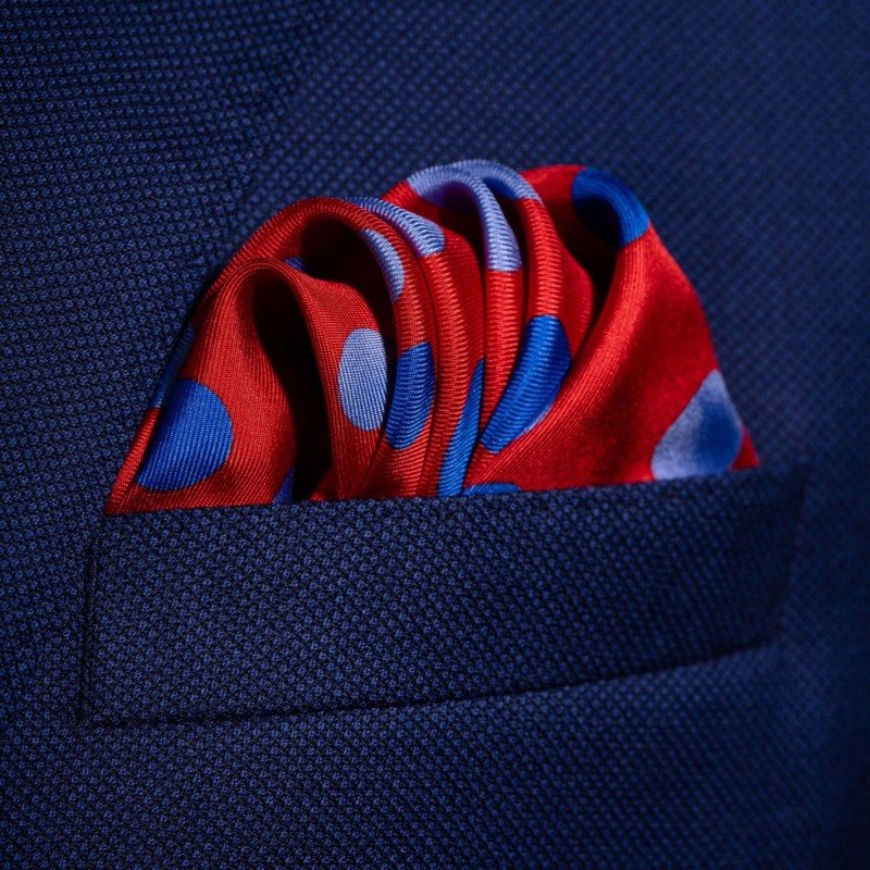 Thumbnail of 'Planetarium' Polka Dot Silk Pocket Square In Red With Blue. Full-Size. image