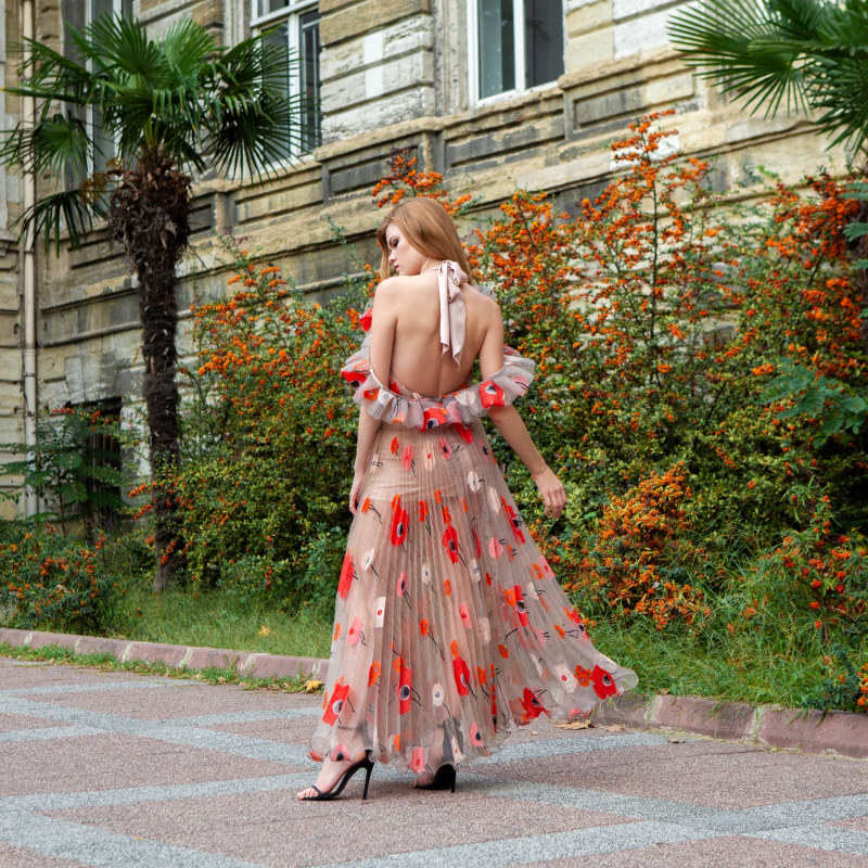 Thumbnail of Pleated Beige Midi Dress With Flower Print image