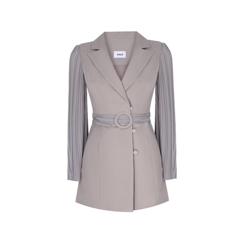 Thumbnail of Pleated Sleeves Blazer With Detachable Belt & Palazzo Wide Leg Trouser- Grey image