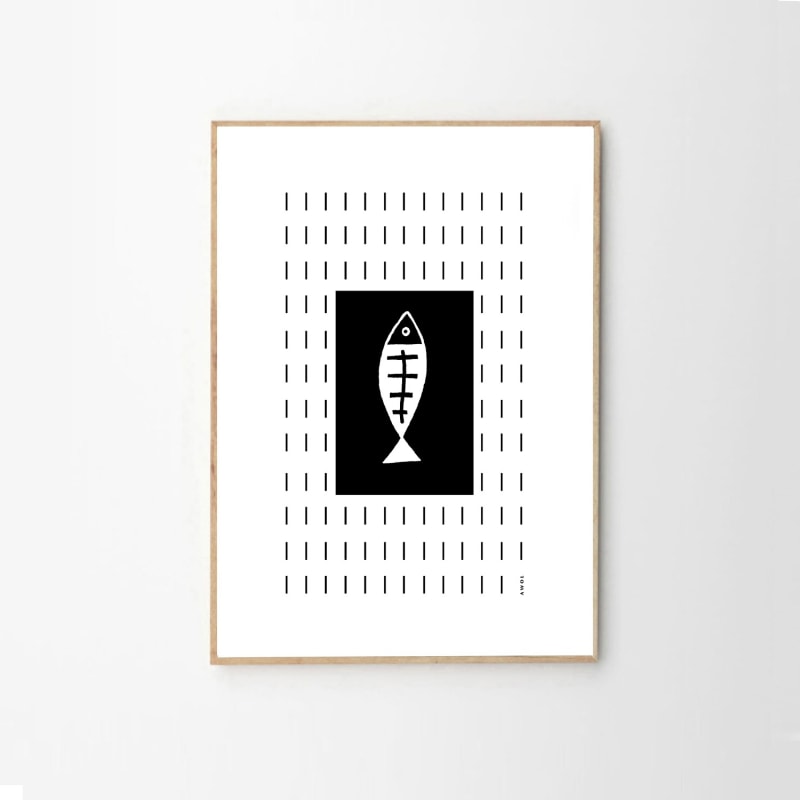 Thumbnail of Plenty Of Fish Art Print: Black And White Fish Illustration Swimming Upstream In A Graphic Line Pattern image