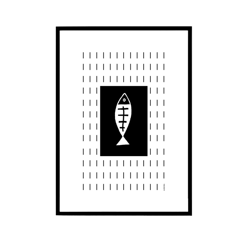 Thumbnail of Plenty Of Fish Art Print: Black And White Fish Illustration Swimming Upstream In A Graphic Line Pattern image