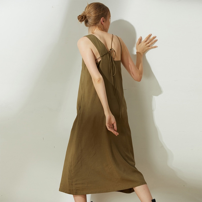 Thumbnail of Asteria Tie-Back Tencel™ Linen Midi Dress In Moss image