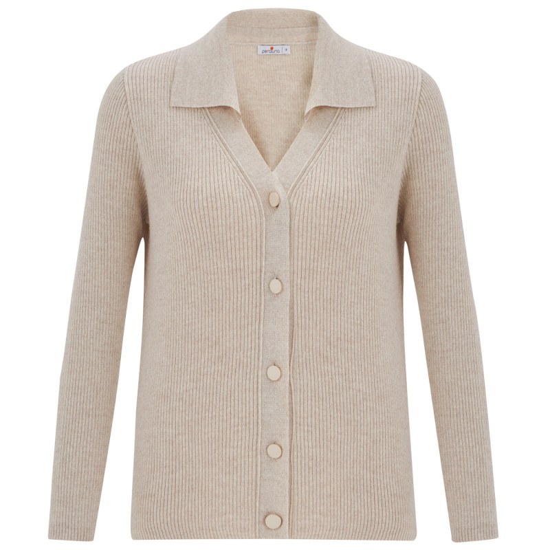 Polo V-Neck Ribbed Knit Cardigan - Ecru Melange | Peraluna | Wolf