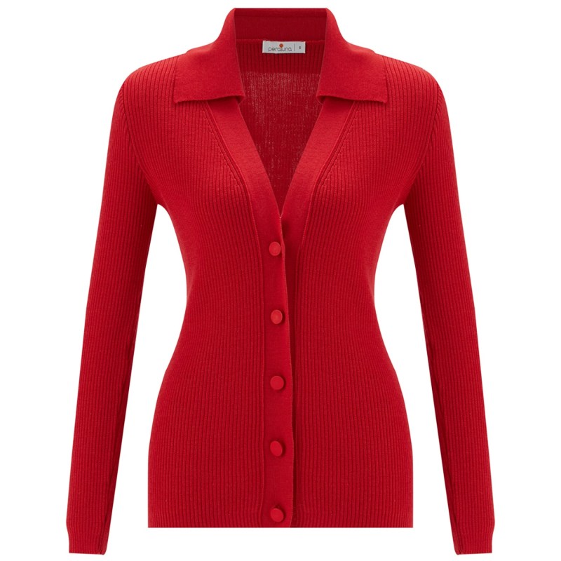 Rib-knit Cardigan - Red - Ladies