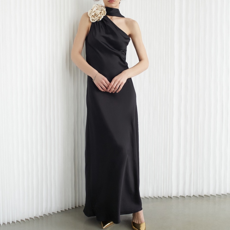 Thumbnail of Portia One-Sleeve Dress Noir With Crystallised Floral Cream Corsage image