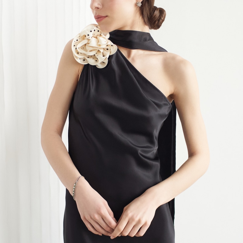 Thumbnail of Portia One-Sleeve Dress Noir With Crystallised Floral Cream Corsage image