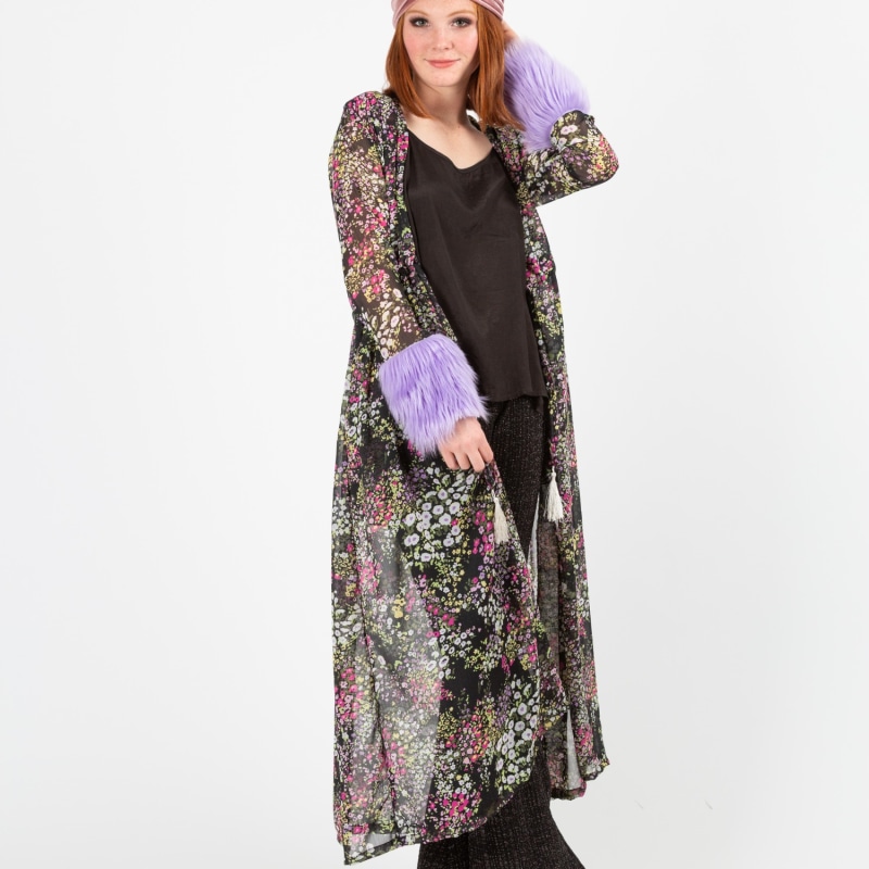 Thumbnail of Violet Floral Faux Fur Cuff Duster With Pockets image