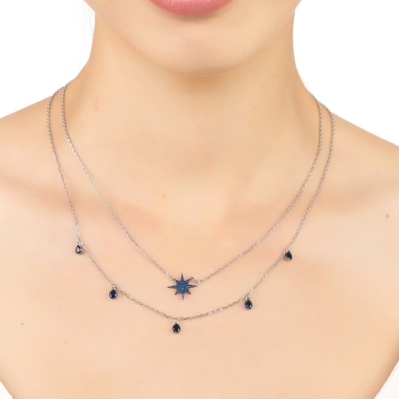 Thumbnail of Starburst Double Strand Layered Necklace Silver Sapphire image