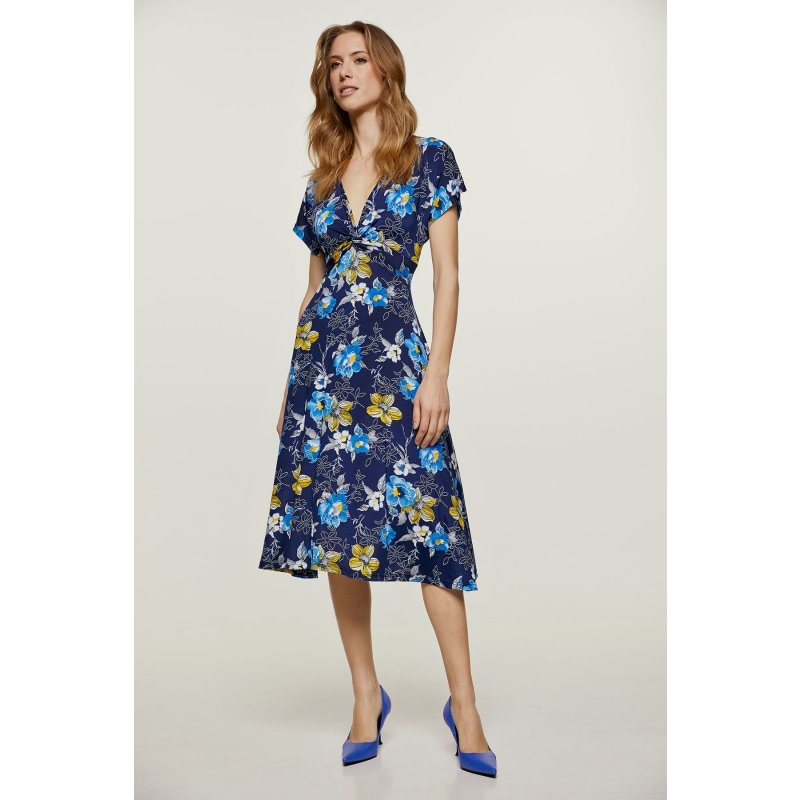 Print Navy Knot Detail Midi Dress by Conquista