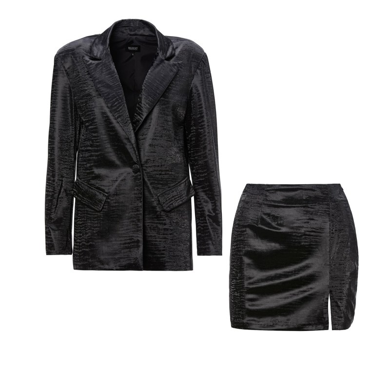 Black leather mini top skirt and white blazer