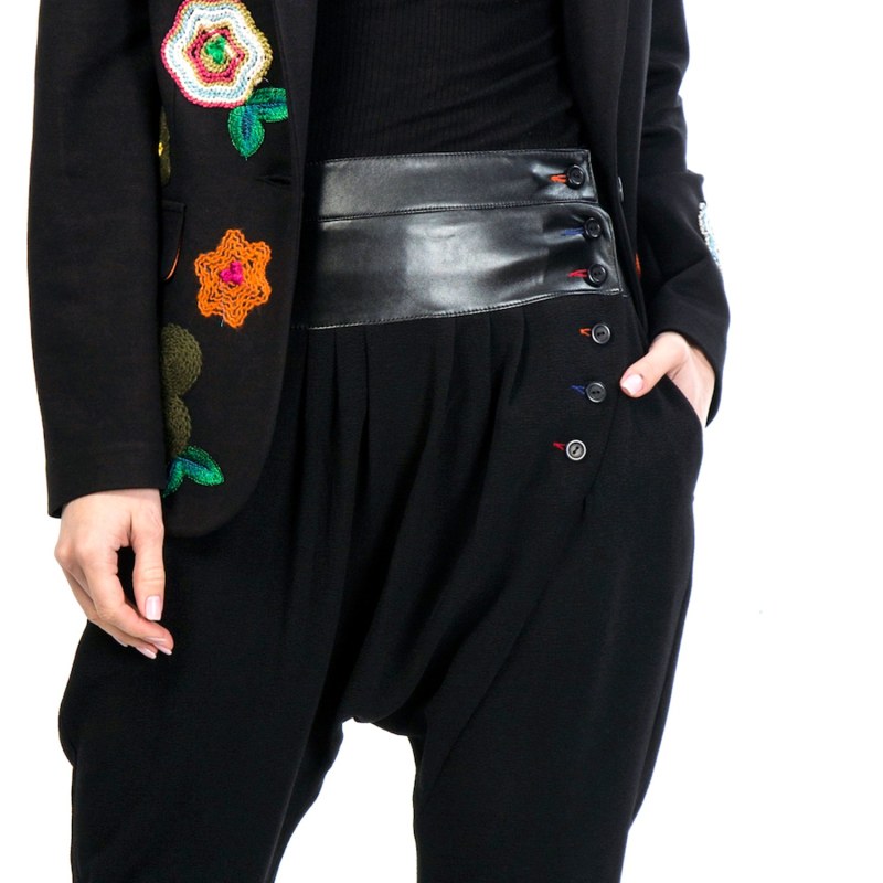 Thumbnail of Black Harem Pants With Colored Buttonholes & Vegan Leather Waistline image