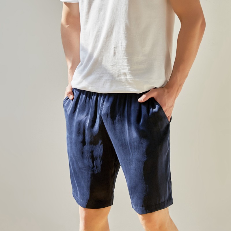 Thumbnail of Pure Mulberry Silk Men Shorts - Mid Waist Deep Navy Sueded Silk Charmeuse image