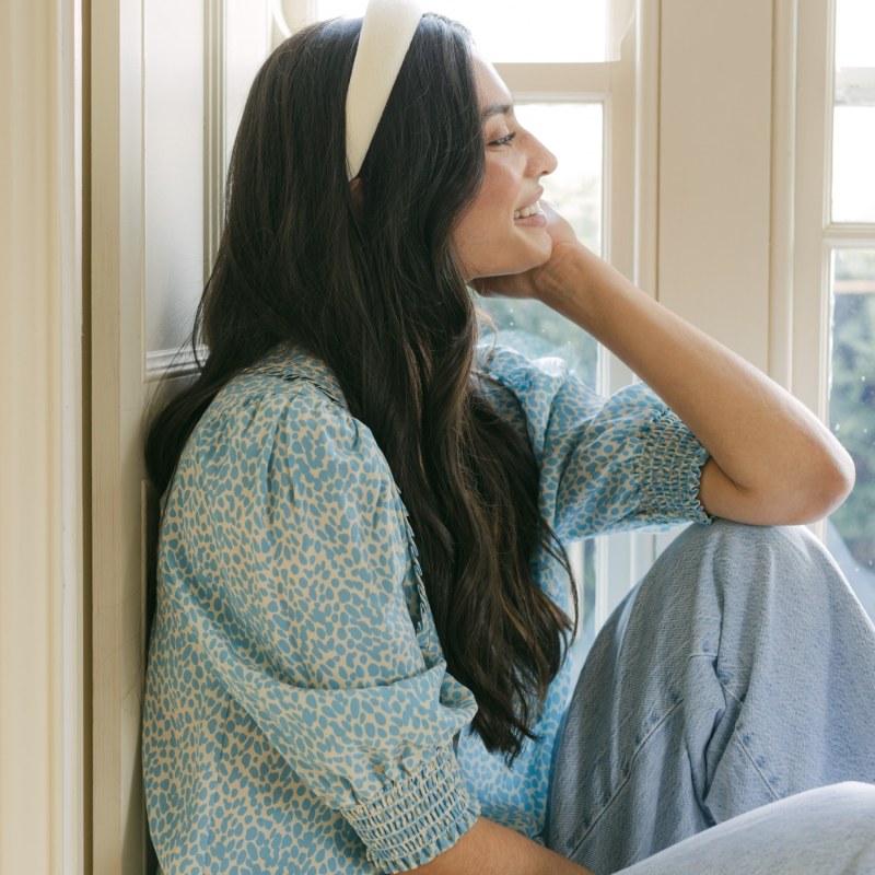 Thumbnail of Pure Silk Frill Blouse In Teal Blue Print image