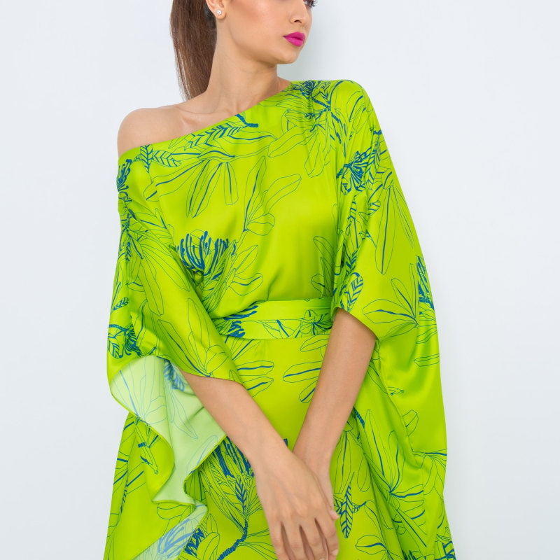 Pure Silk Off Shoulder Kaftan With Semi Concealed Belt In Pure Silk Off Shoulder Kaftan With Semi Concealed Belt In