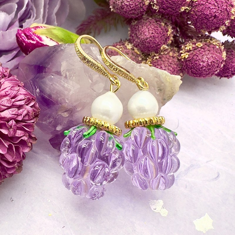 Thumbnail of Purple Glass Raspberry With Freshwater Pearls Earrings image