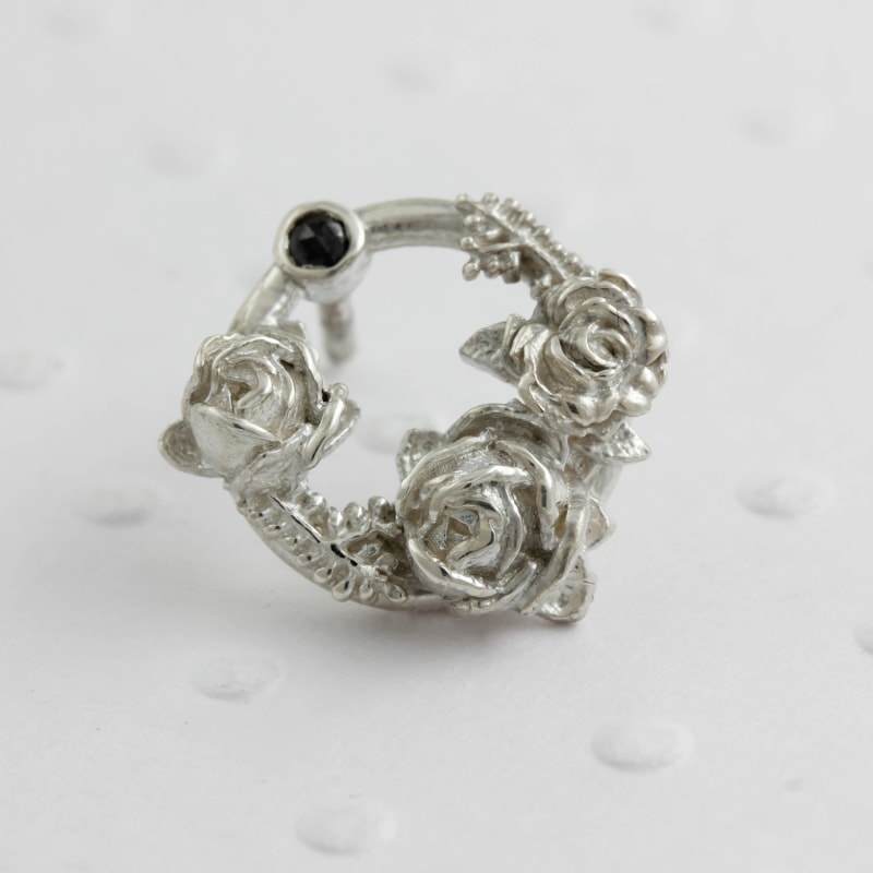 Thumbnail of Black Diamond Rose Halo Lapel Pin - Silver image