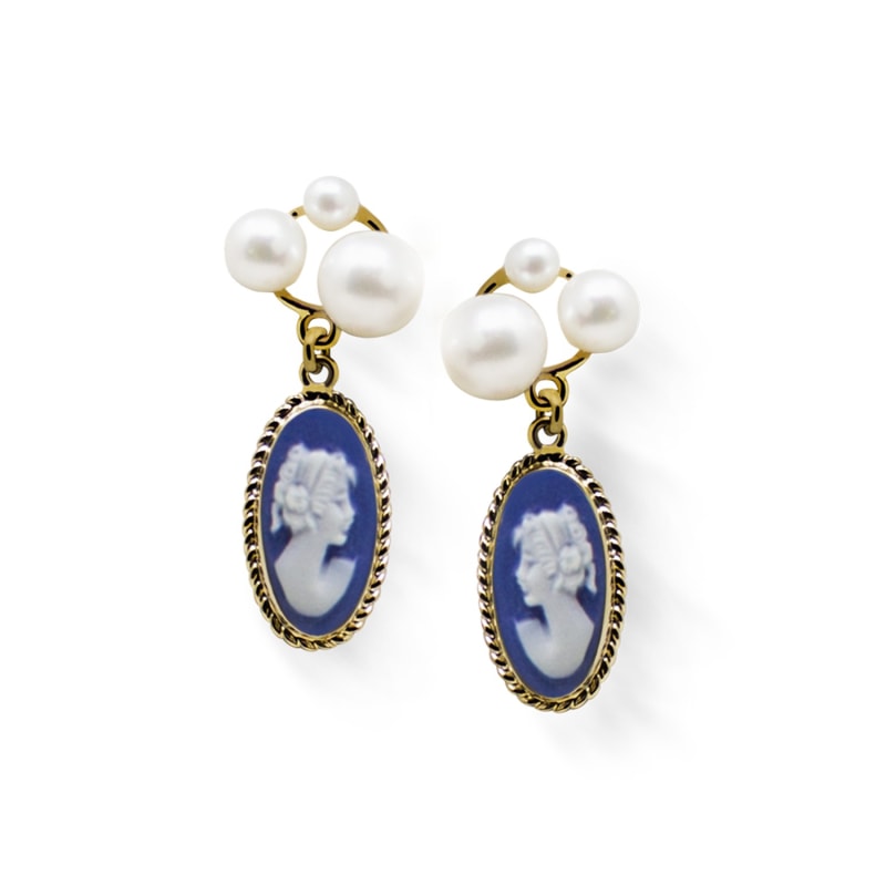 Thumbnail of Lilith Gold-Plated Blue Cameo And Pearl Stud Earrings image