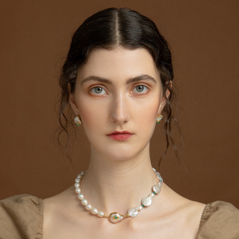 Thumbnail of The Eye Gold-Plated Emerald & Pearl Statement Necklace image