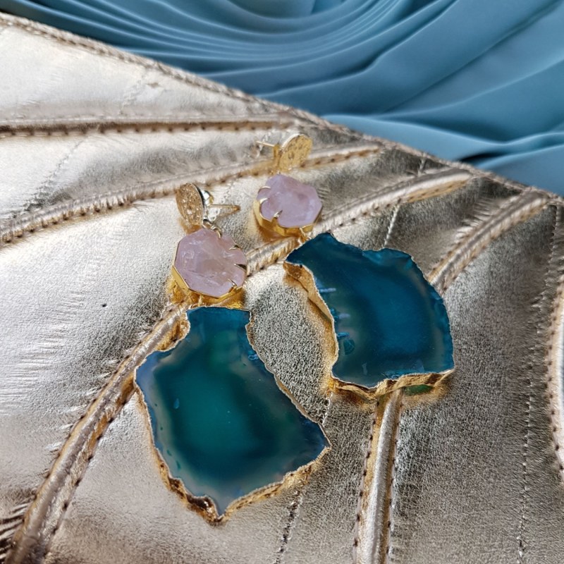 Thumbnail of 'Hold On' Rose Quartz Green Agate Gemstone Statement Earrings image