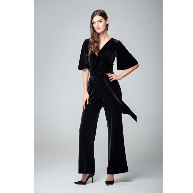 Thumbnail of Layla Velvet Jumpsuit With Bell Sleeves & Sash In Black image