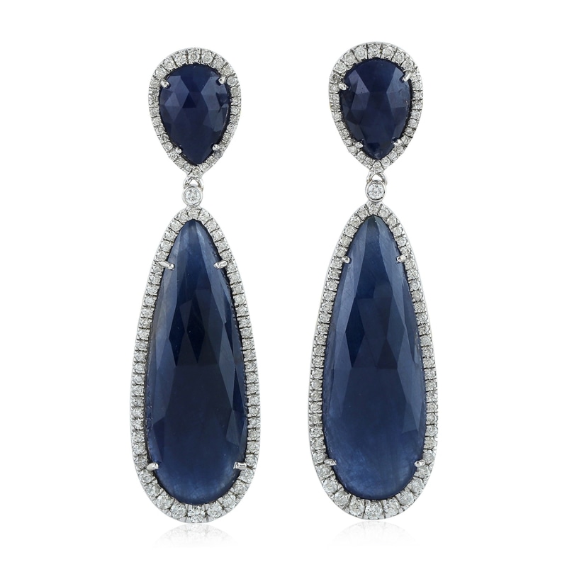 Thumbnail of White Gold Blue Sapphire Diamond Handmade Dangle Earrings image