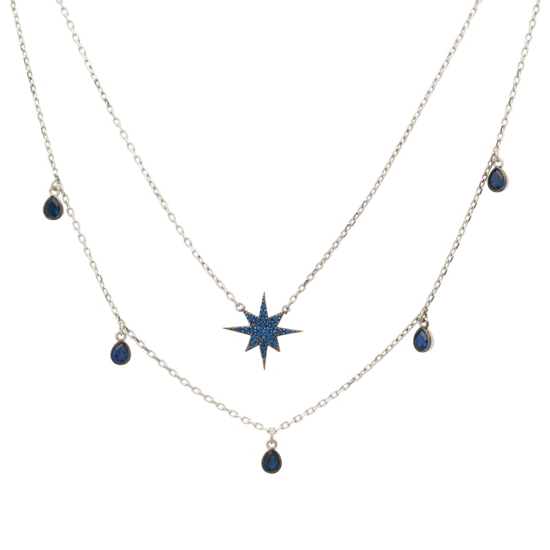Thumbnail of Starburst Double Strand Layered Necklace Silver Sapphire image