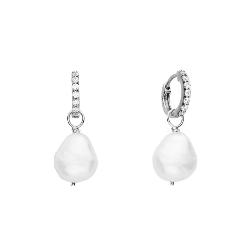 Thumbnail of Small Sterling Silver Diamond Huggie Pearl Drop Earrings image