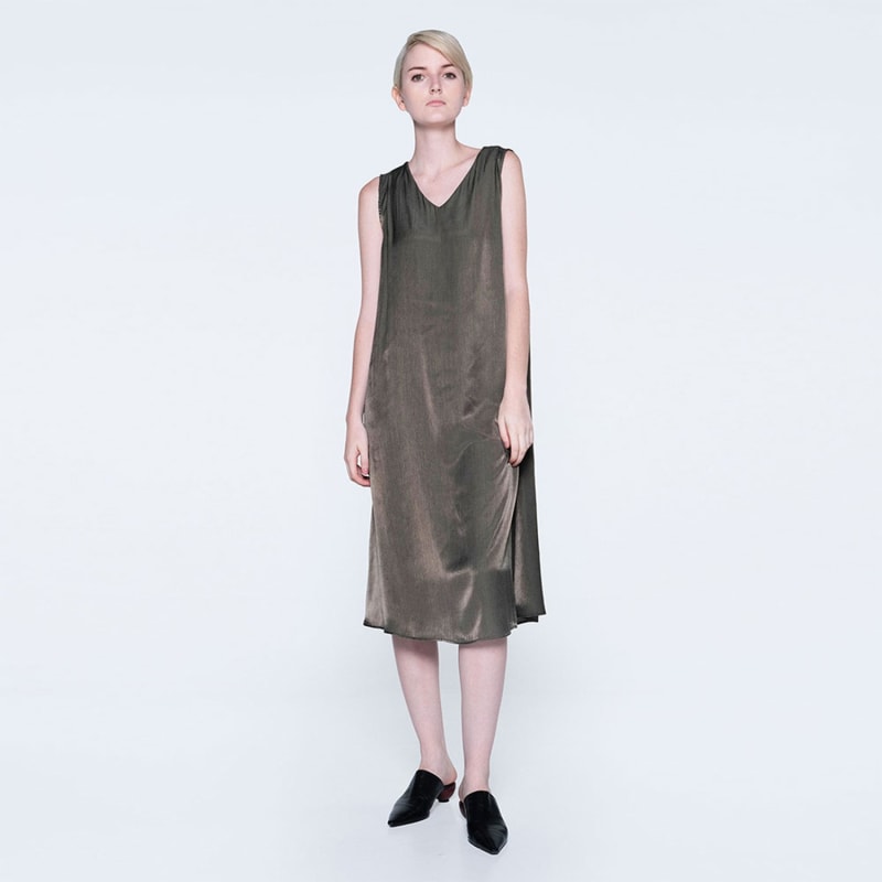 Thumbnail of Savanna Soft Cupro Flare Dress In Dark Olivine image