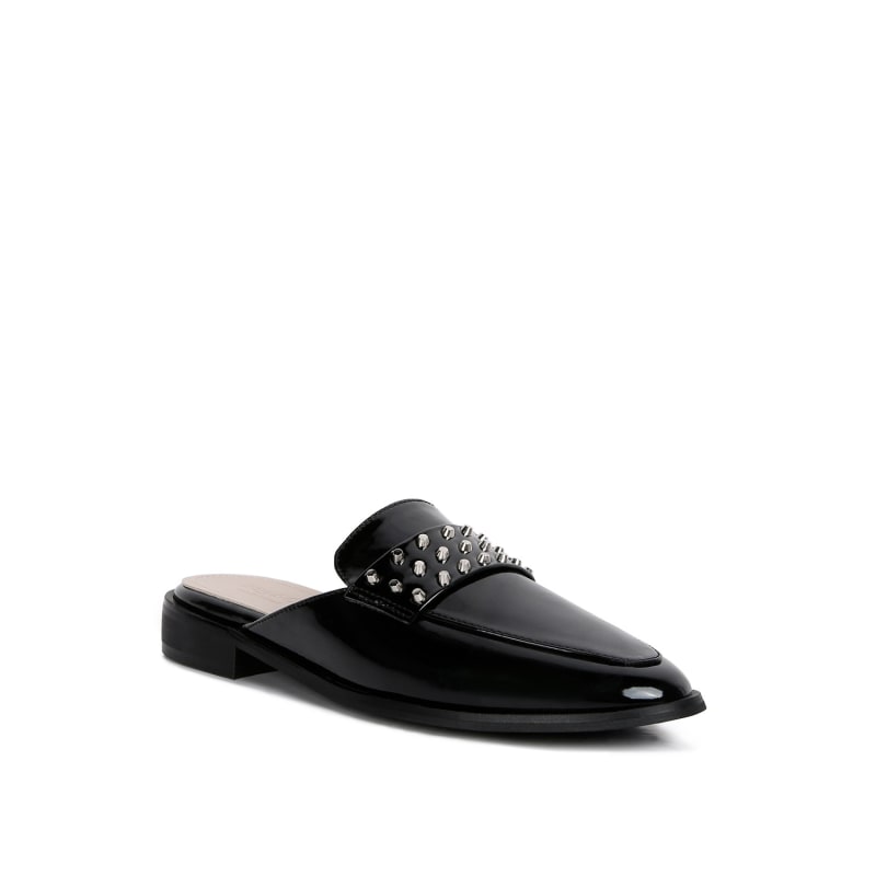 Yashta Black Patent Studded Flat Mules by Rag Co