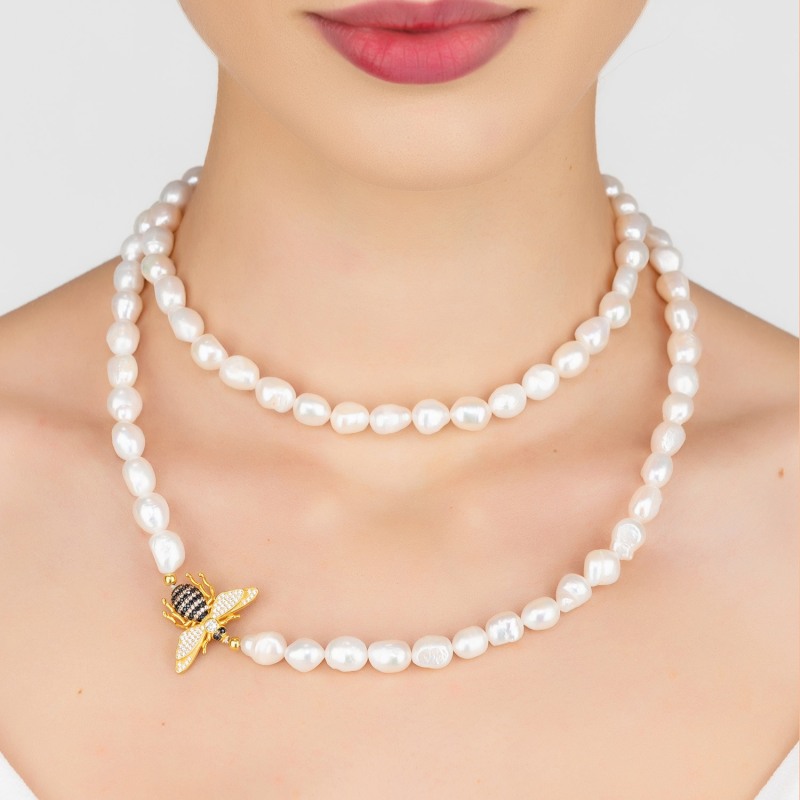 Thumbnail of Honey Bee Pearl Gemstone Long Necklace Gold image