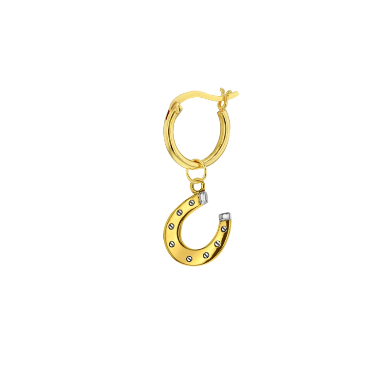 Thumbnail of 2 Tone 18Kt Gold Plated & Sterling Silver Mini Horse Shoe Charm On Gold Plated Hoop Earing image