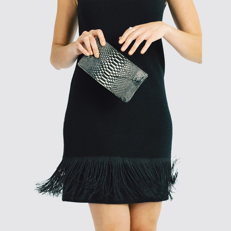 Thumbnail of Cashmere Mockneck Shift Dress With Fringe Hem - Black image