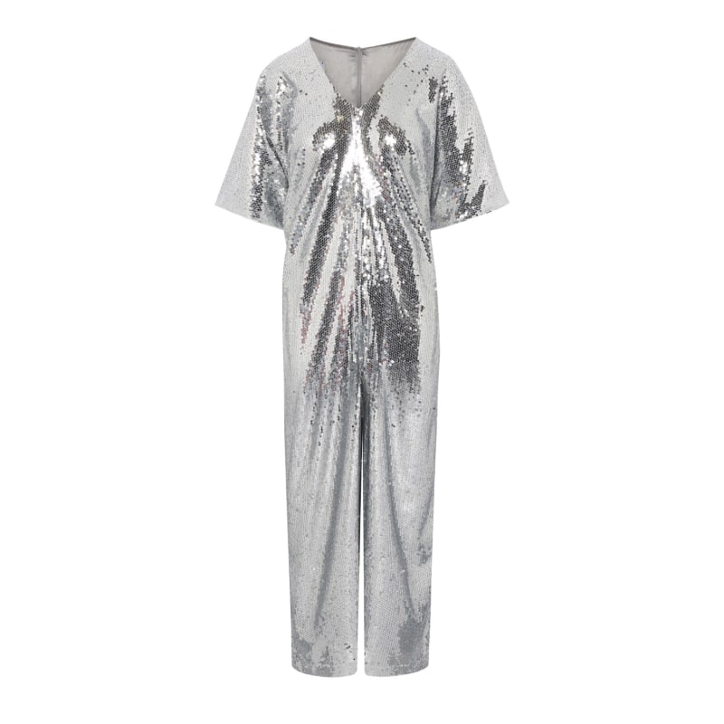 Thumbnail of Silver Sequin Palazzo Jumpsuit With Satin Lining & Detachable Belt image