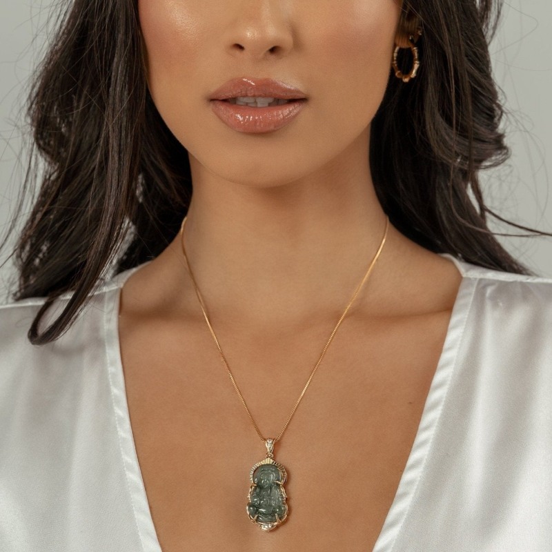 Gold Filled Guan Yin Dark Green Jade Buddha Necklace The