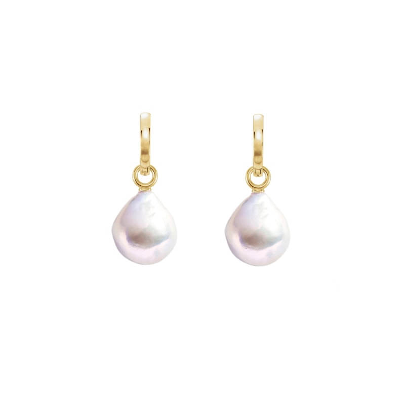 Thumbnail of XXL White Drop Pearl Hoop Earrings - Solid 14ct Gold image