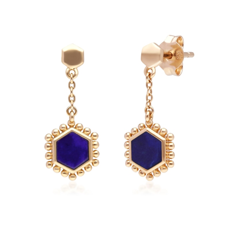 Thumbnail of Lapis Lazuli Flat Slice Hex Drop Earrings In Gold Plated Sterling Silver image