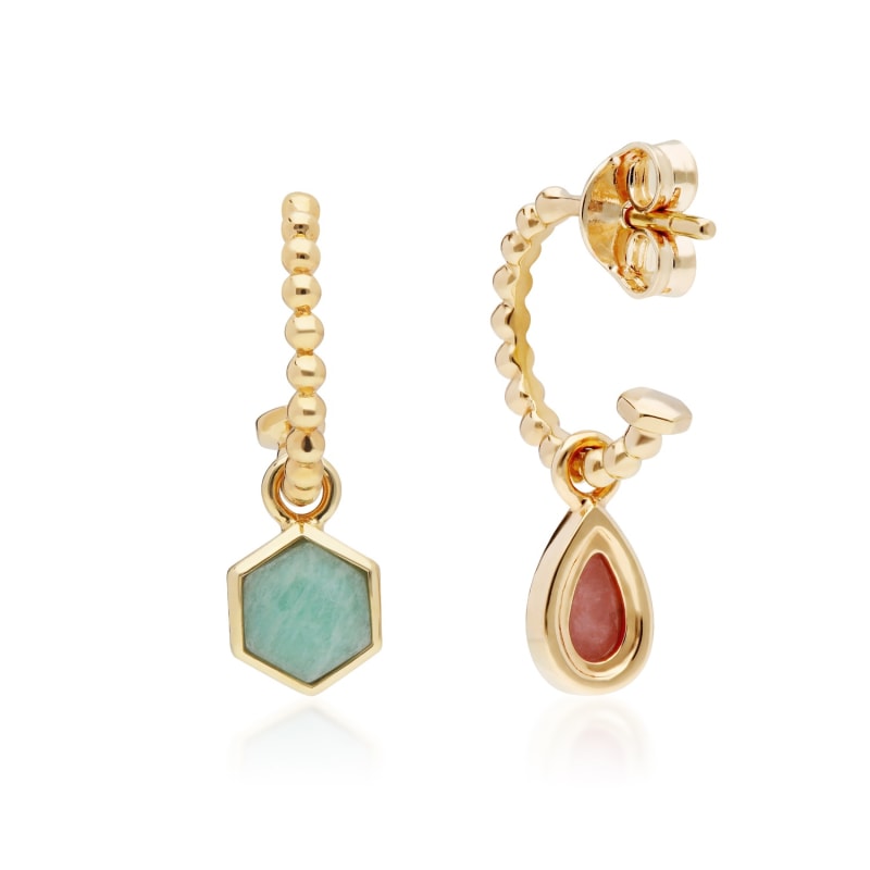 Thumbnail of Mismatched Amazonite & Rhodrochronsite Hoops In Yellow Gold Plated Silver image