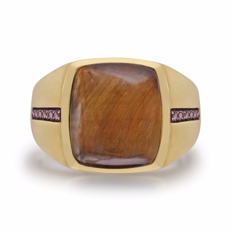 Thumbnail of Chatoyant Yellow Tiger Eye Stone & Champagne Diamond Signet Ring In 14K Yellow Gold Plated Sterling Silver image
