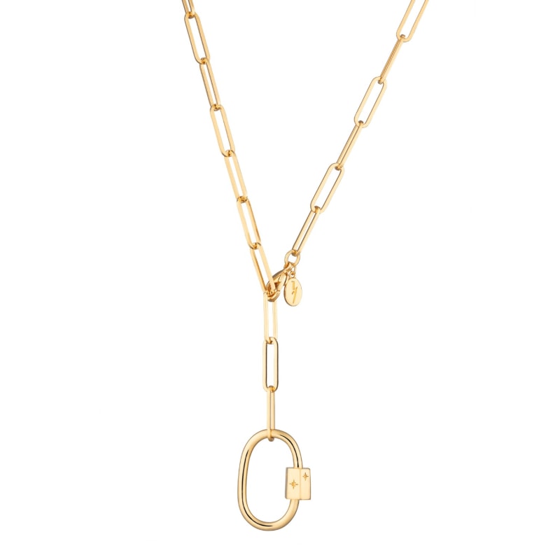 Carabiner Necklace - Linda Oval Clasp Necklace with Diamond in 18K Gold Plating